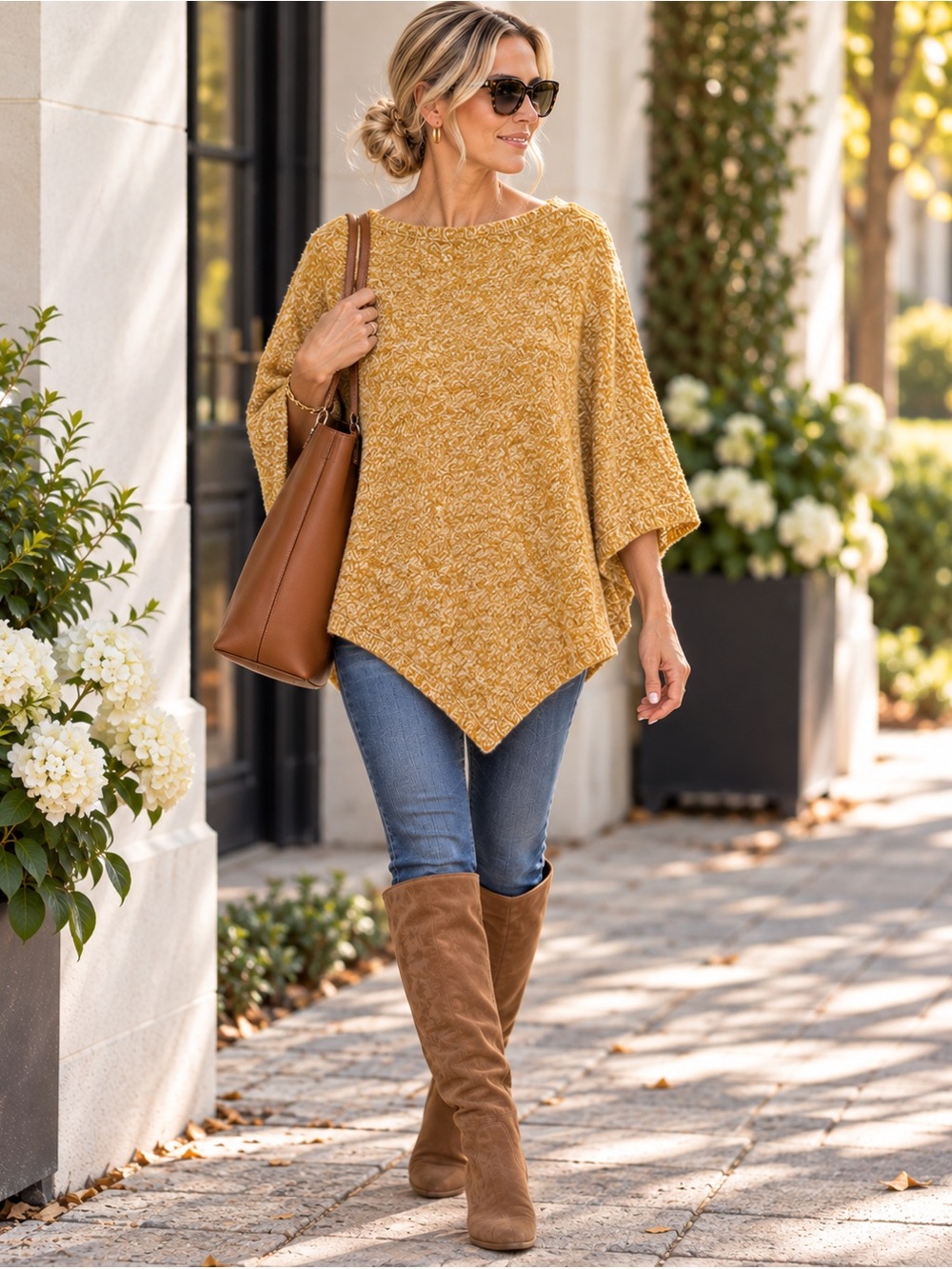 J.Jill Mustard Textured Knit Poncho Cape Draped Statement Sweater S-L
